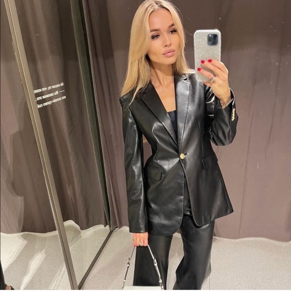 Zara Faux Leather Black Blazer - Picture 10 of 16